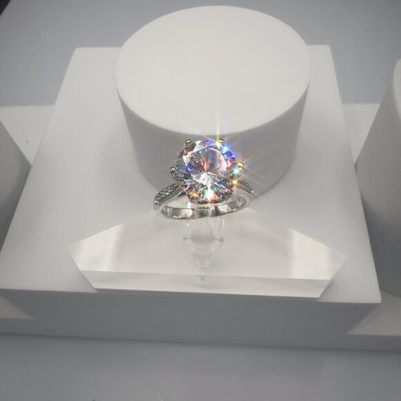 Round Cut Simulated Diamond Engagement Ring With Pave Band In Silver Tone 4CT - Picture 13 of 14